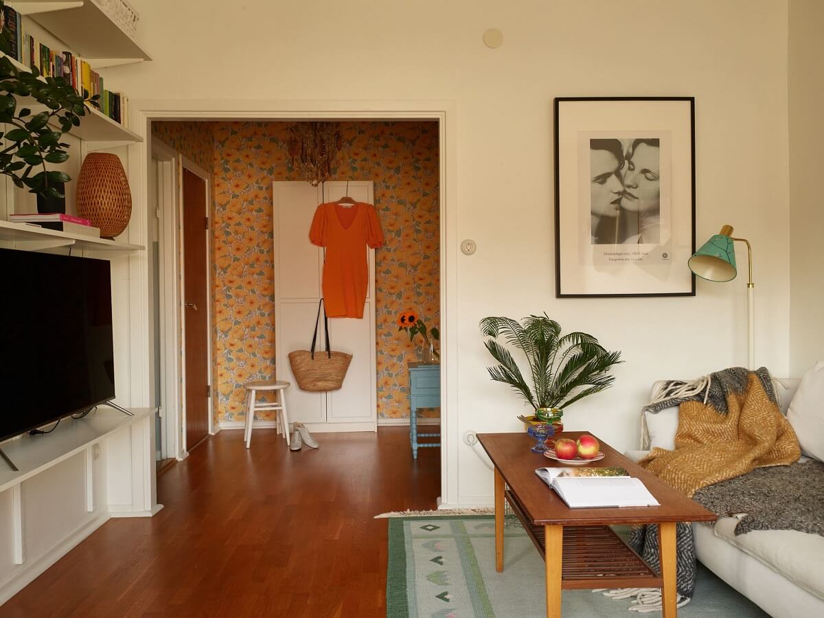A Small 1930s Swedish Apartment with a Yellow Floral Hall 4 open plan living room and inner hall