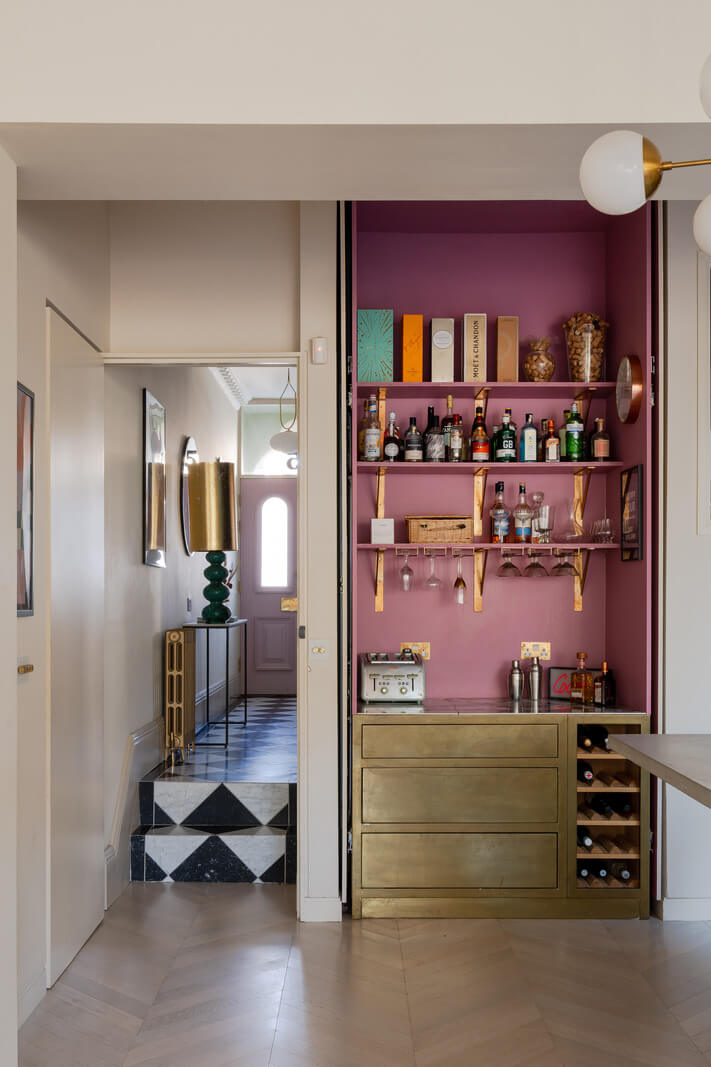 A Colorful Edwardian Family Home in London 9 pink and brass coffee corner