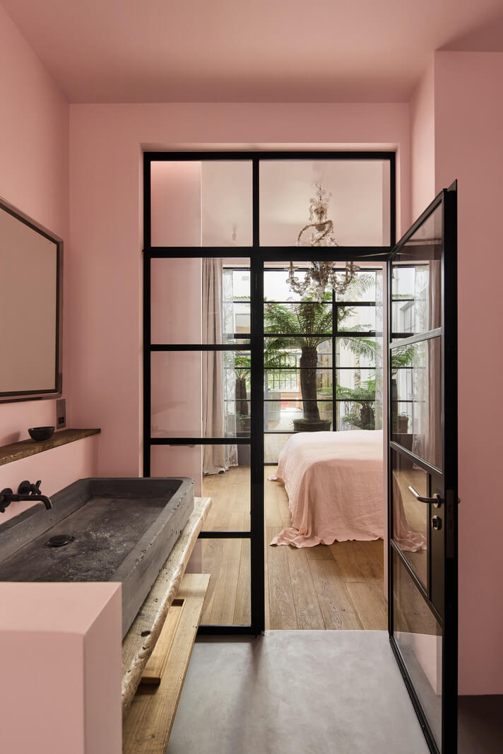 A Grand Industrial Warehouse Conversion in London 39 pink bathroom industrial glass door