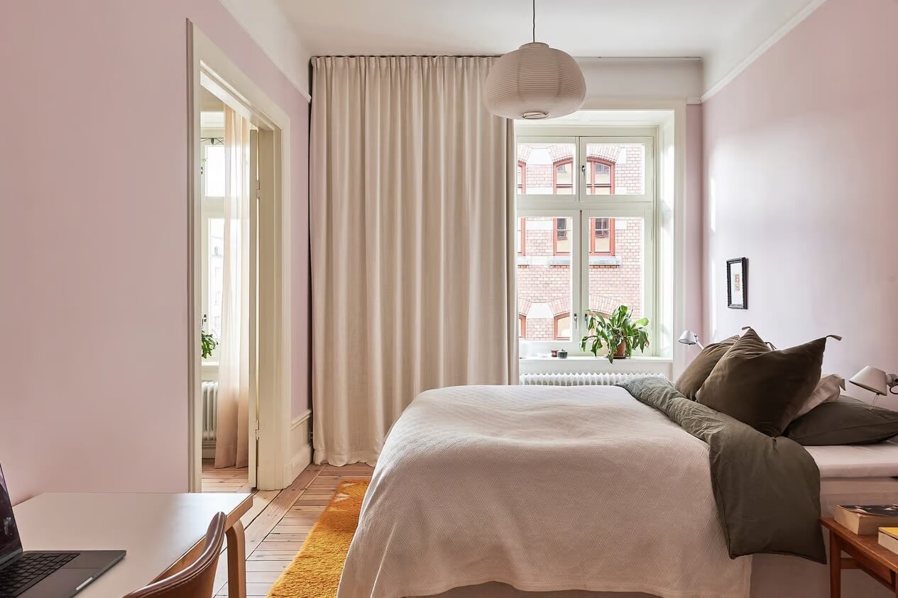 A Light Swedish Apartment with a Yellow Kitchen 11 pink bedroom