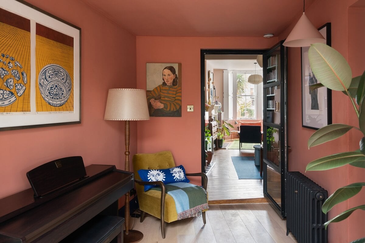 Colorful Rooms and Period Features in a London Terrace House 6 pink music room
