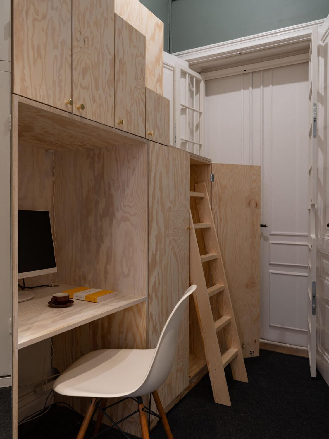A Swedish Maisonette with Period Features and Modern Solutions 18 plywood loft bed with storage cabinets and home office