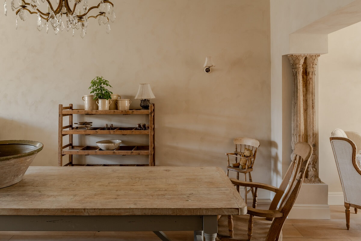 Limewash Walls and Restored Period Features in a Calm English Home 3 rustic wooden kitchen table