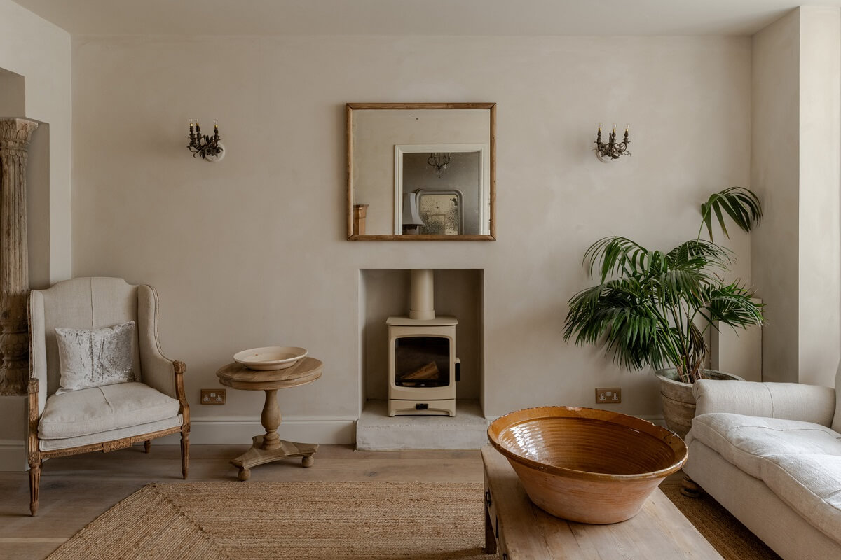 Limewash Walls and Restored Period Features in a Calm English Home 2 serene sitting room woodburner limewash walls