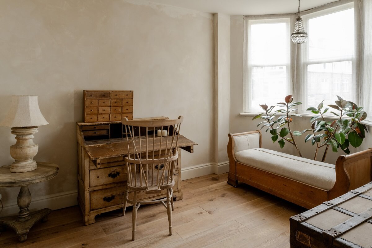 Serene Spaces with Limewash Walls in an English Victorian Home 12 sitting room home office with bay window