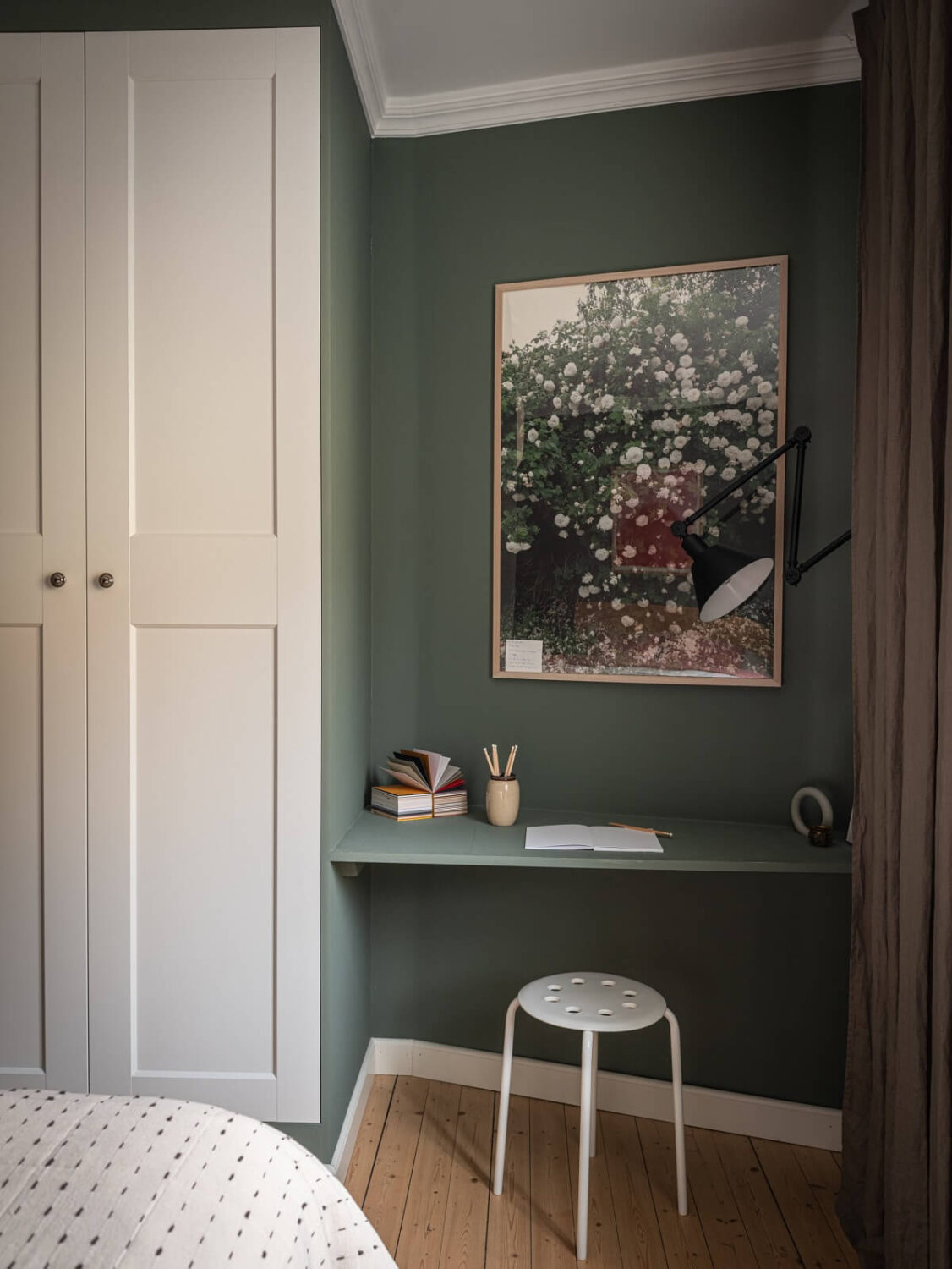 A 1930s Apartment with Gray Rooms and Period Features 14 small bedroom home office with floating desk painted in the same color as the wall