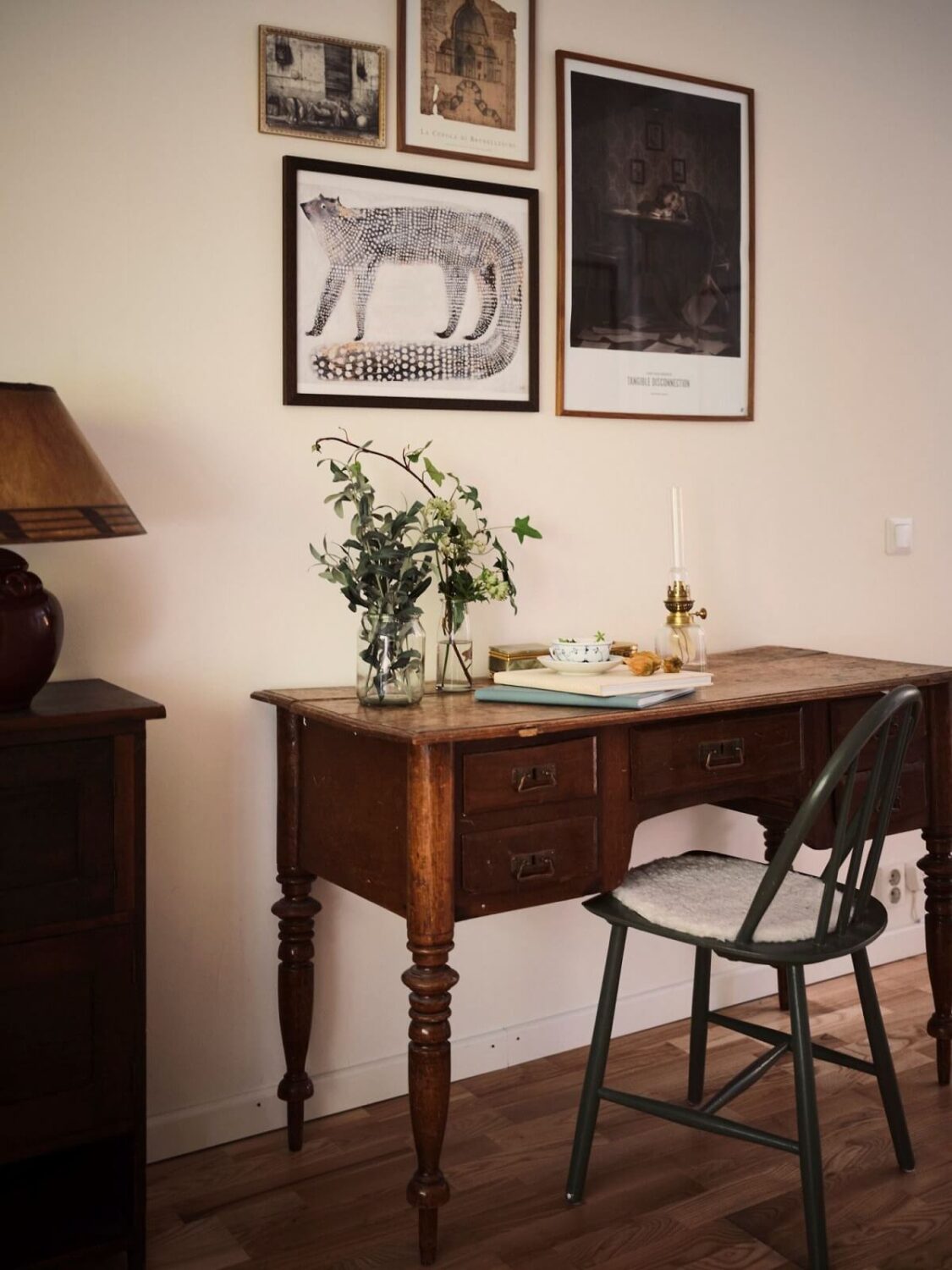 A Small Swedish Apartment with a Social and Semi-Open Floorplan 12 vintage wooden desk