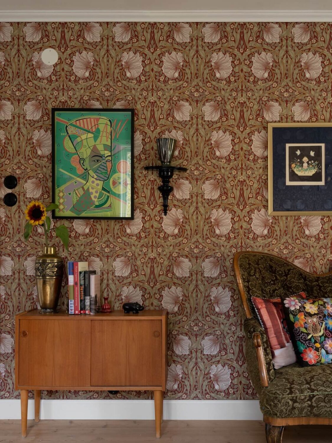 A 1930s Green-Painted Wooden Family Home in Sweden 9 william morris pimpernel wallpaper