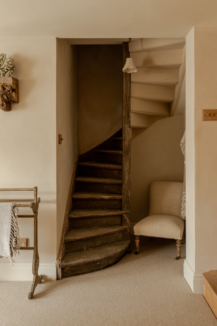 Limewash Walls and Restored Period Features in a Calm English Home 15 wooden staircase
