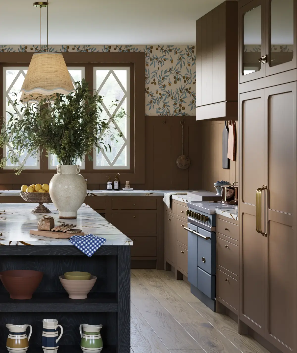 The Color Trends for 2025: Warm, Natural Shades and a Cheerful Accent 8 mocha mousse kitchen with katherine pecan wallpaper isla porter the misfit house nordroom
