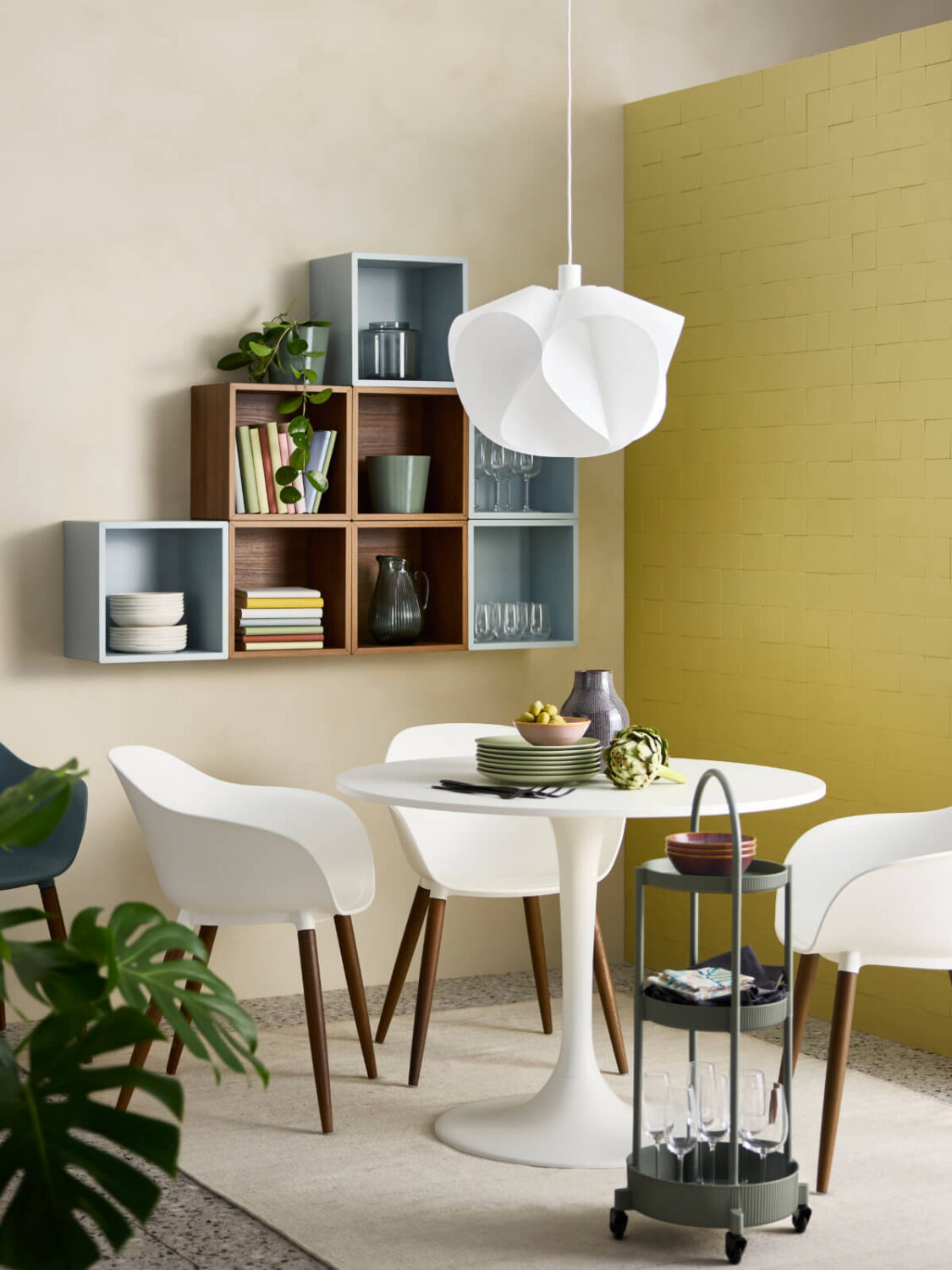 IKEA Spring Collection 2025: Colorful Textiles, Clean Designs & Home Refresh Ideas 15 dining room with white docksta table and yellow wall