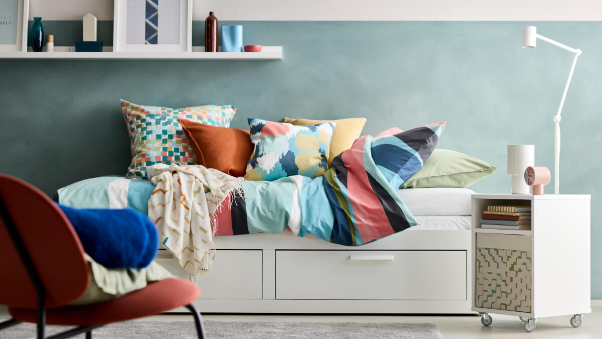 IKEA Spring Collection 2025: Colorful Textiles, Clean Designs & Home Refresh Ideas 8 single storage bed with colorful bedding