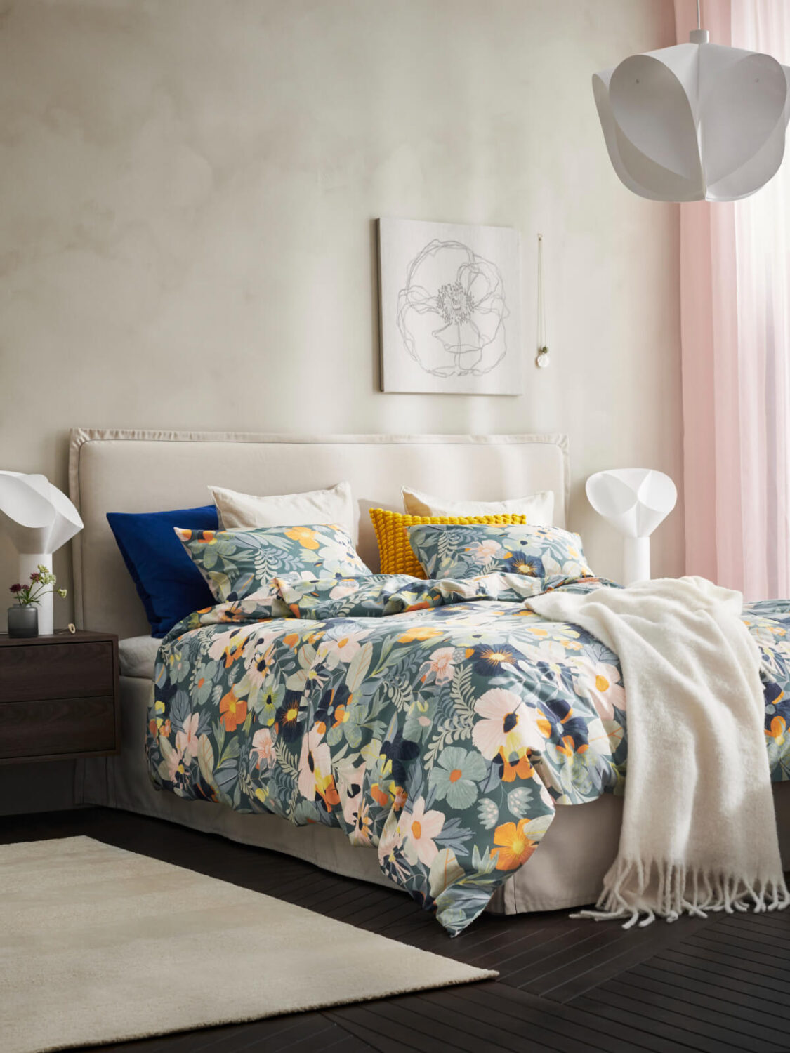 IKEA Catalogue 2026 + New IKEA Collections 30 ikea bedroom with floral bedding and neutral textile headboard