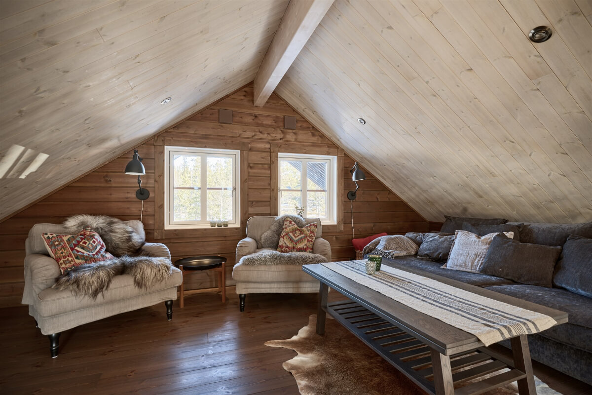 A Warm and Inviting Mountain House in Sweden 12 attic sitting room in swedish log house A Warm and Inviting Mountain House in Sweden