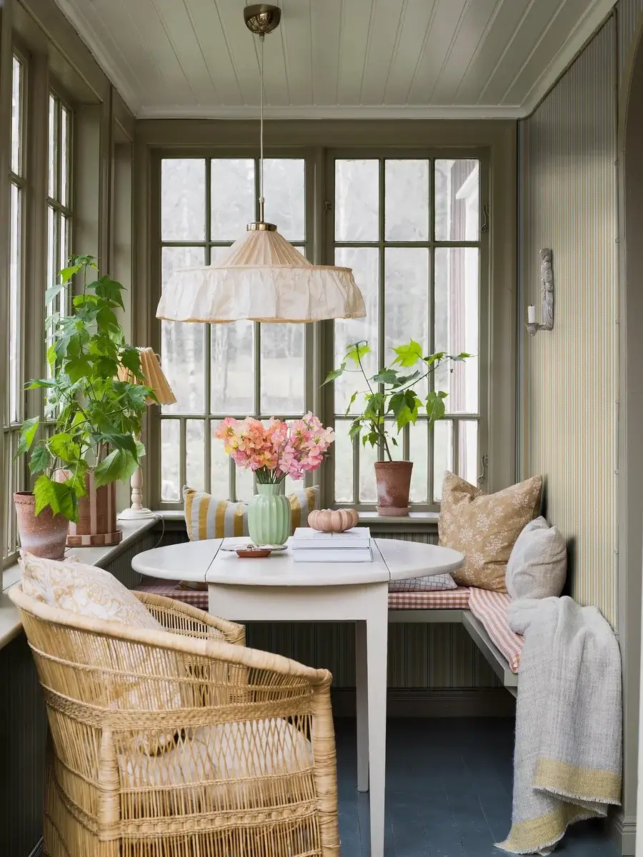 7 Simple Tricks To Make a Low Ceiling Look Taller 12 breakfast nook with striped wallpaper nordroom 7 Simple Tricks To Make a Low Ceiling Look Taller