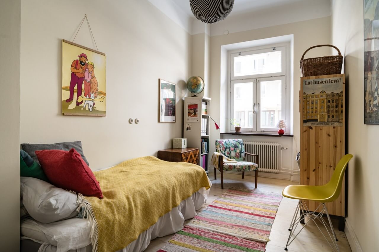 Muted Tones, Art, and Books in a Charming Stockholm Apartment 13 childrens bedroom with yellow color accents