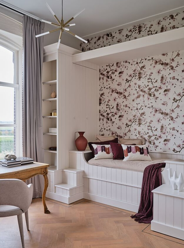 An Amazing Family Home in a Former Dutch Train Station 17 childrens room with colorful wallpaper and built in furniture nordroom