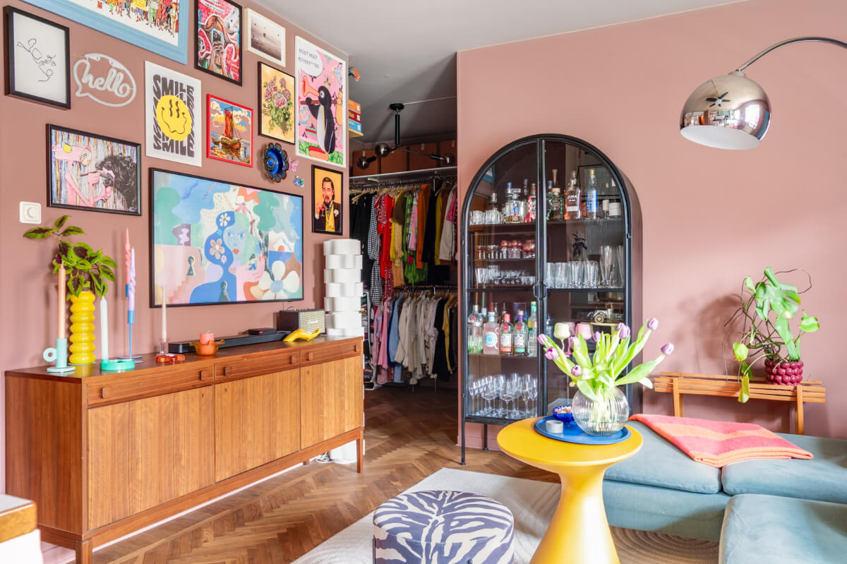 A Vibrant, Colorful Midcentury Apartment in Malmö 15 colorful maximalist living room with open walk in closet
