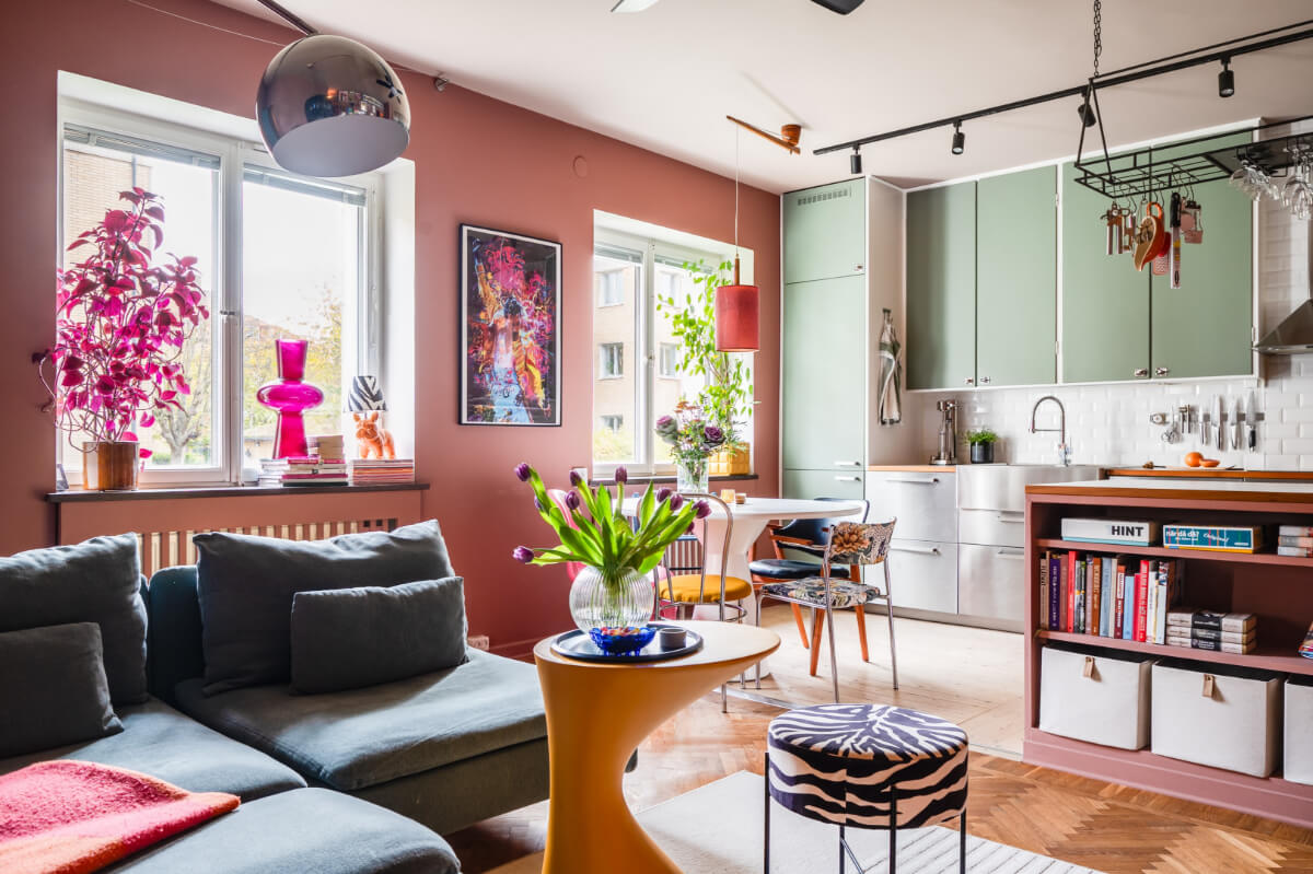 colorful open plan living room and kitchen