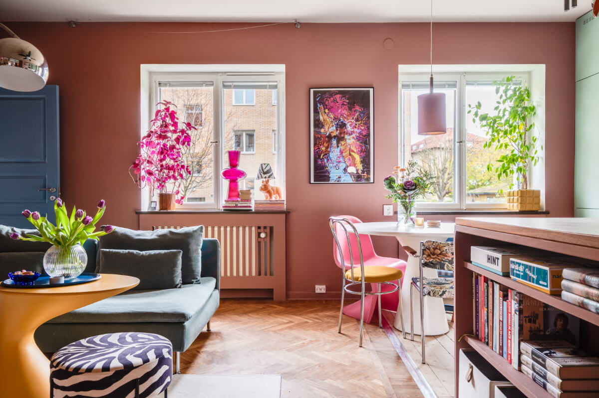 A Vibrant, Colorful Midcentury Apartment in Malmö 4 colorful open plan living room
