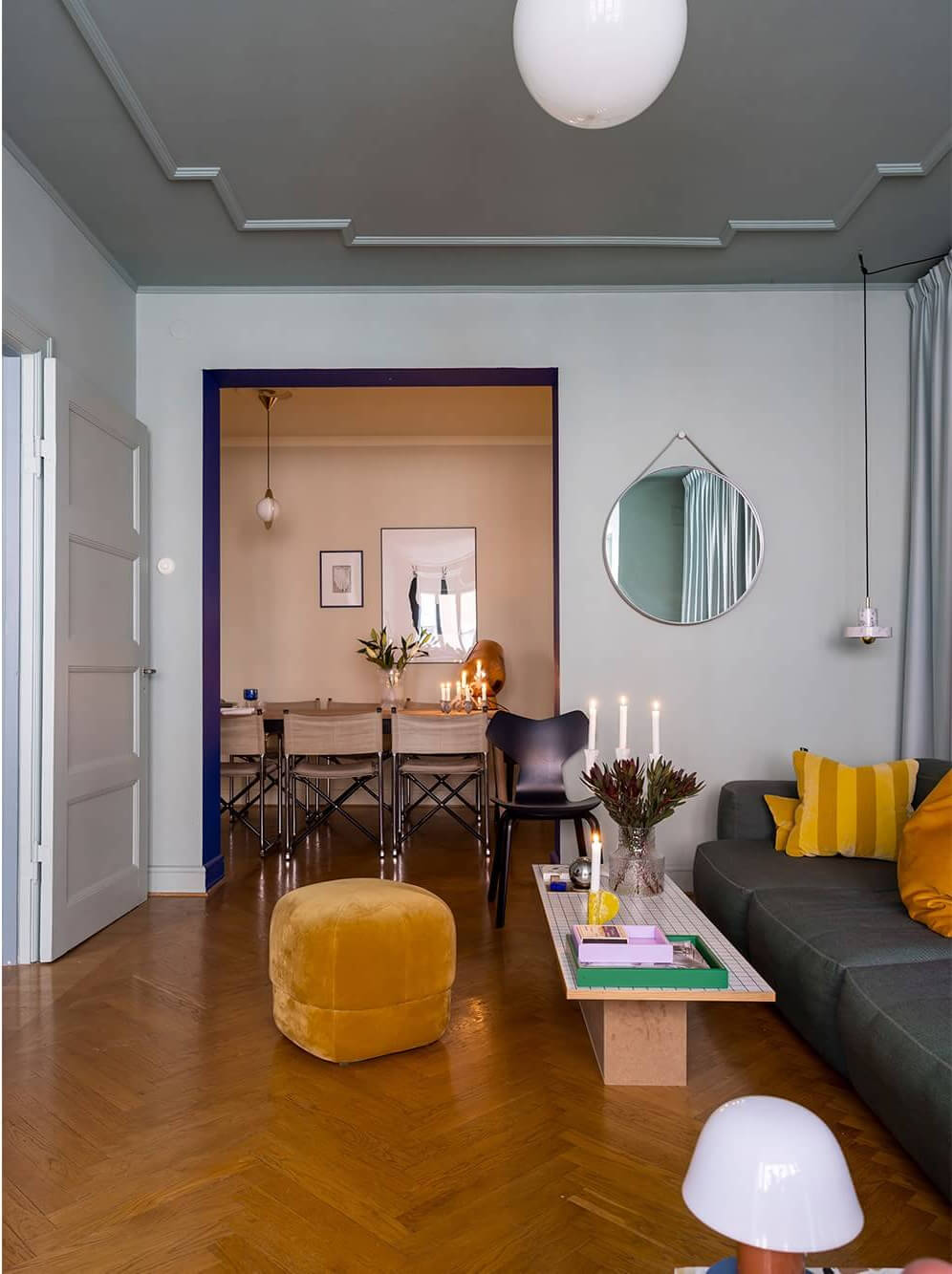 An Interior Designer's Moody Apartment with Period Features 5 gray living room with kobalt blue color accent
