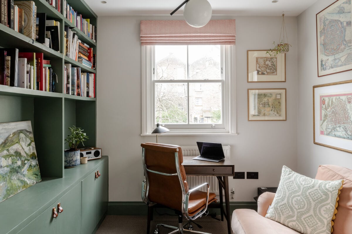A Beautiful Extended Victorian Family Home in London 14 home office with green fitted bookcases