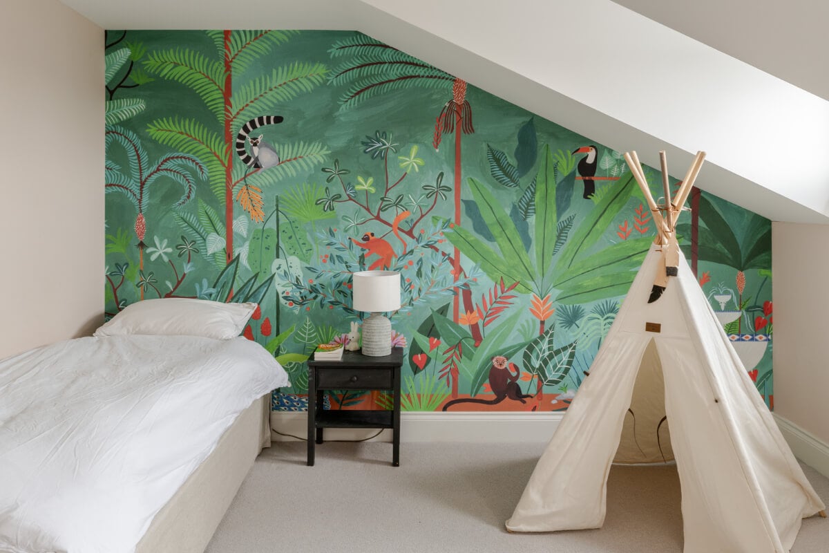 A Beautiful Extended Victorian Family Home in London 18 kids bedroom with tropical wall mural nordroom