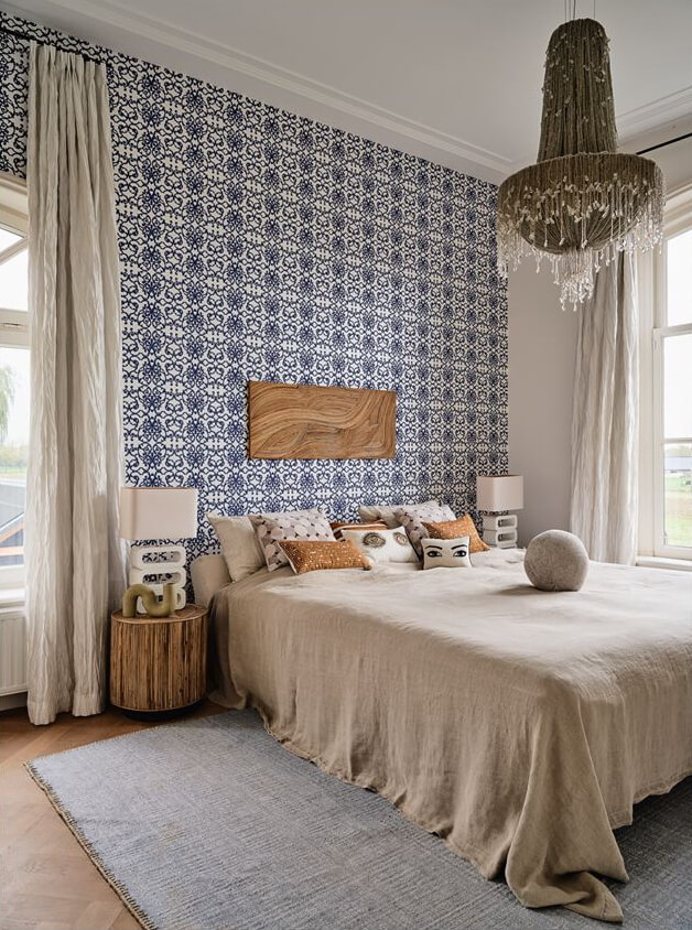 An Amazing Family Home in a Former Dutch Train Station 15 master bedroom with blue wallpaper nordroom