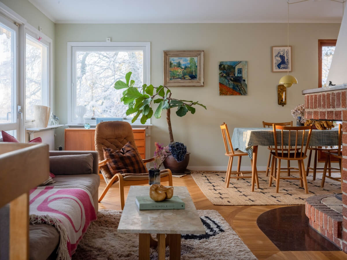 A Beautiful Midcentury Family Home South of Stockholm 13 open plan living room with parquet floor