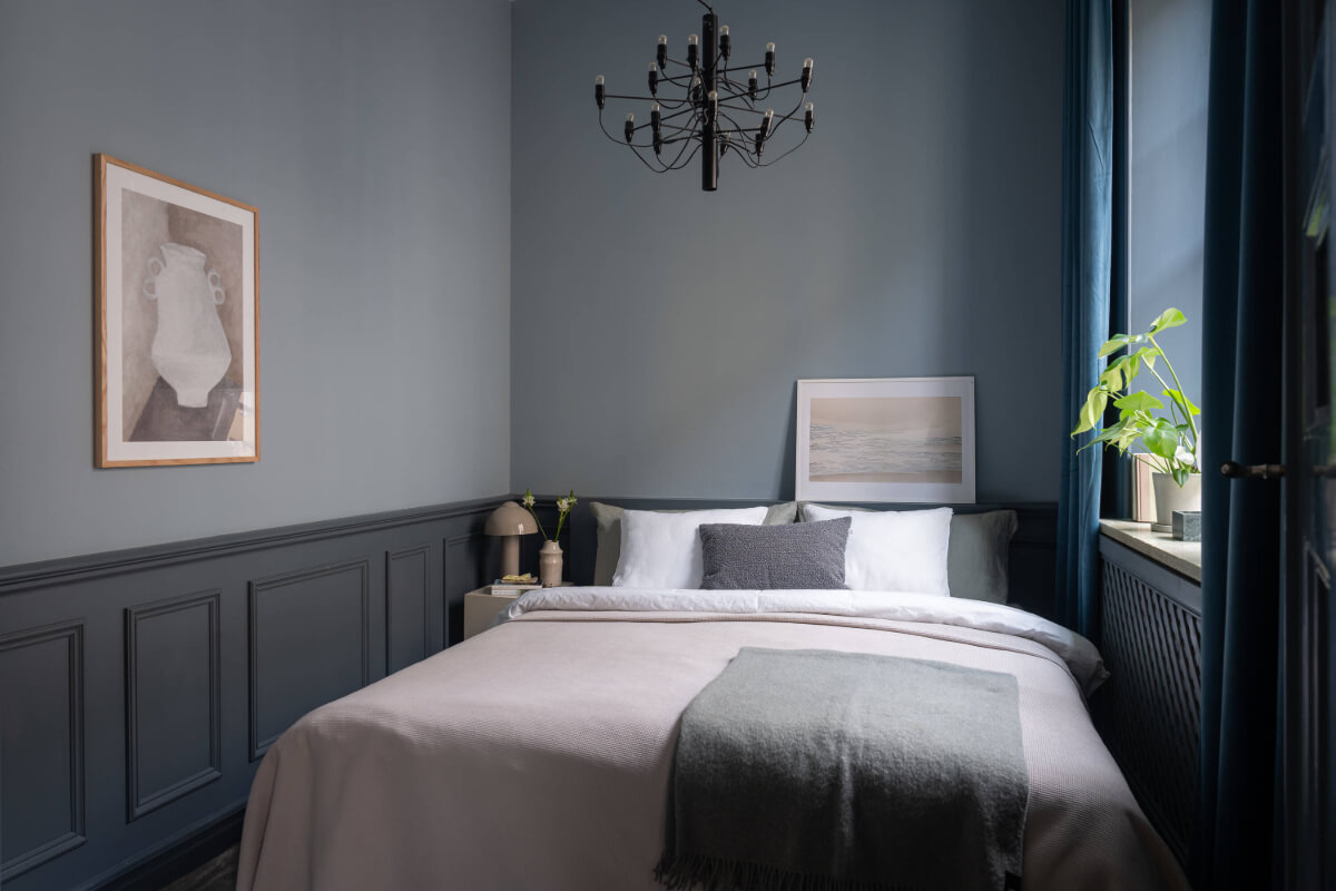 A Moody Color Palette in a Stylish One-Bedroom Apartment in Stockholm 9 small moody bedroom