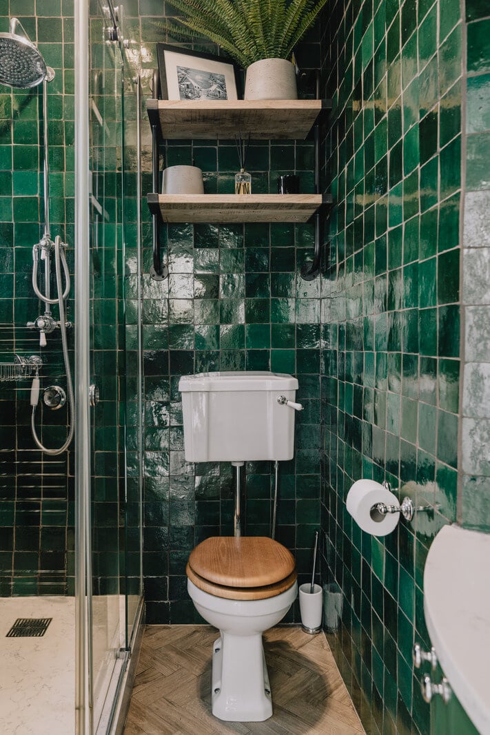 Countryside Charm in a London Apartment in a Former Ale House 18 tiny bathroom with glossy dark green tiles