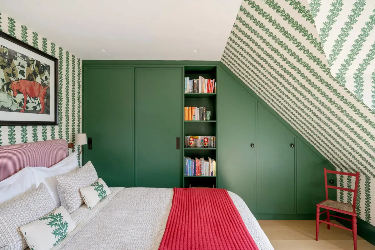 A Timeless Energy-Efficient Victorian Townhouse in Bedford Park 19 attic bedroom green wallpaper built-in wardrobes