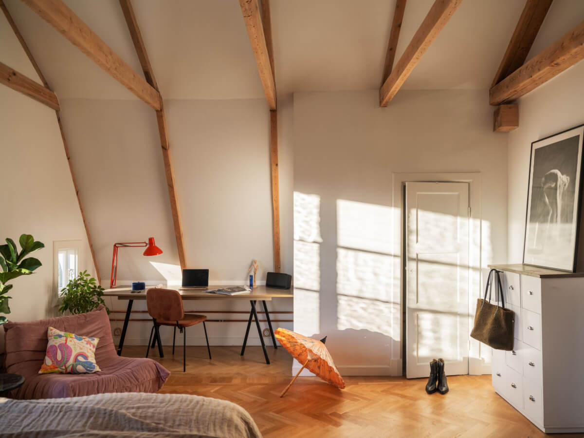 Painted Floorboards in a Unique Family Home in Sweden 22 attic bedroom with home office