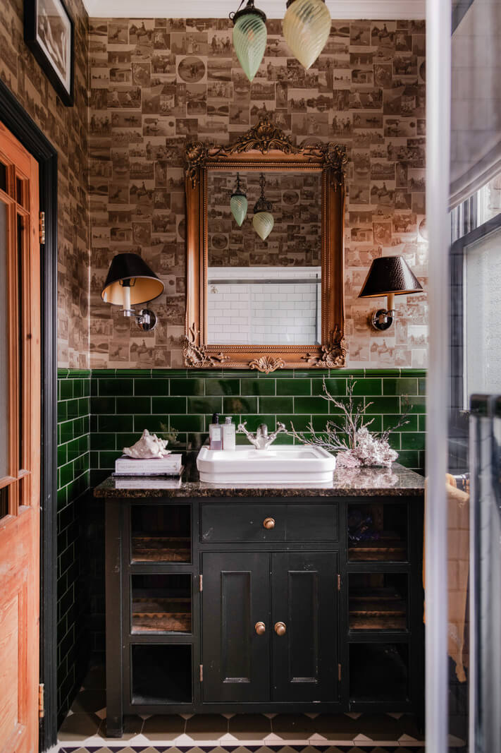 50 Bathroom Wallpaper Ideas Adding Color, Style, and Expression 55 bathroom black vanity glossy green tiles wallpaper nordroom