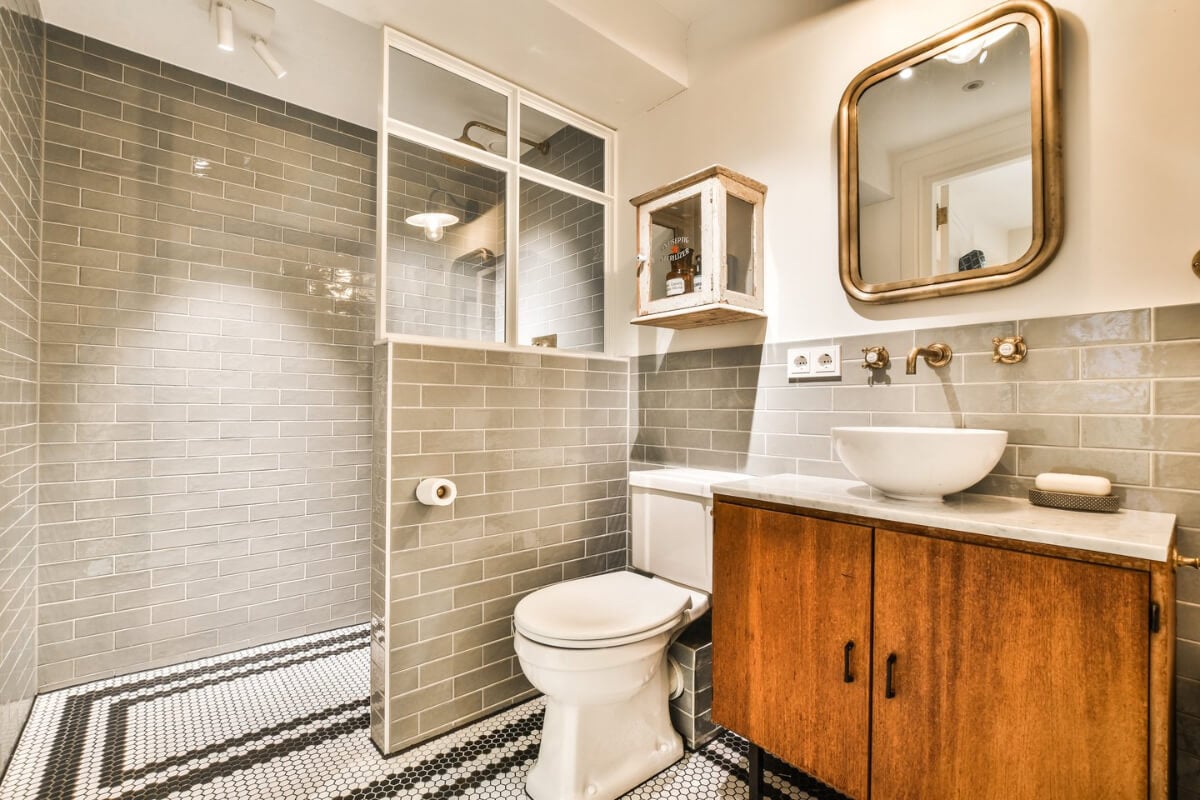 A Unique Ground Floor Duplex Apartment in Amsterdam 16 bathroom green-gray subway tiles