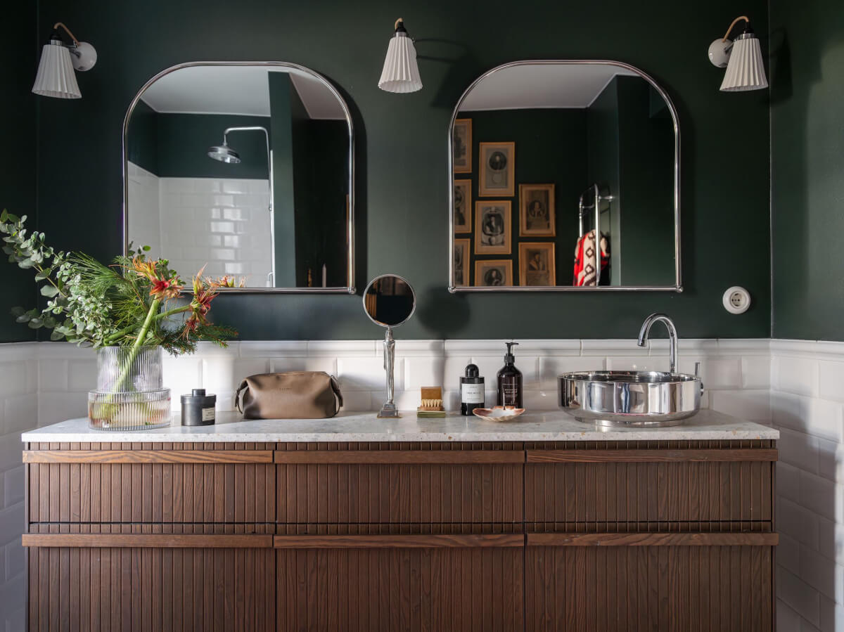 A Beautiful Turn-of-the-Century Family Home in Sweden 40 bathroom green walls walnut vanity