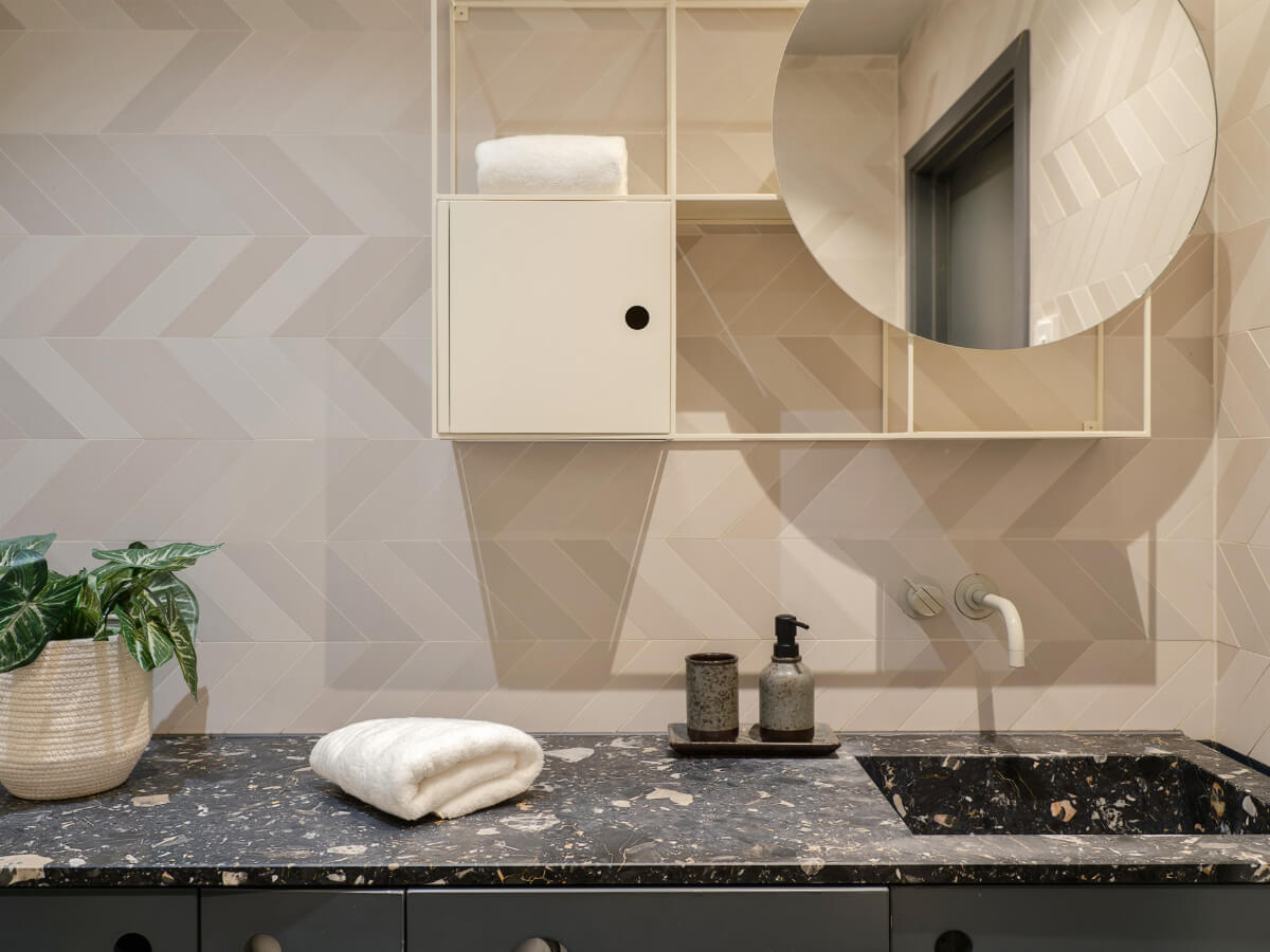 A Small Modern Stockholm Apartment with Smart Storage Solutions 18 bathroom terrazzo sink