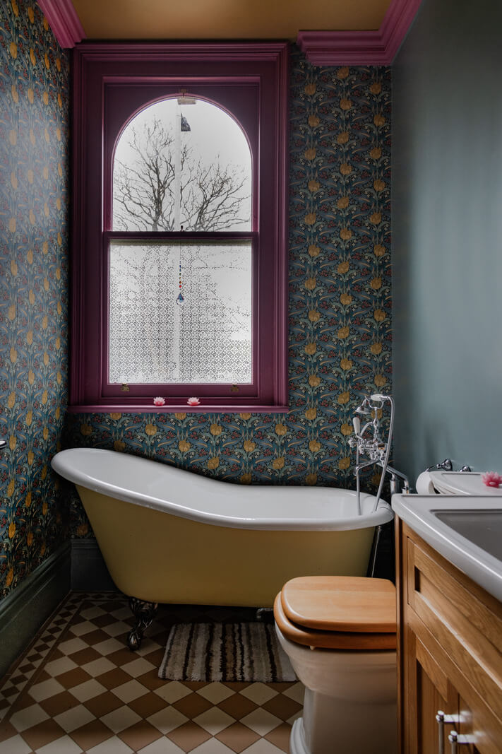 50 Bathroom Wallpaper Ideas Adding Color, Style, and Expression 56 bathroom yellow tub arched window wallpaper nordroom
