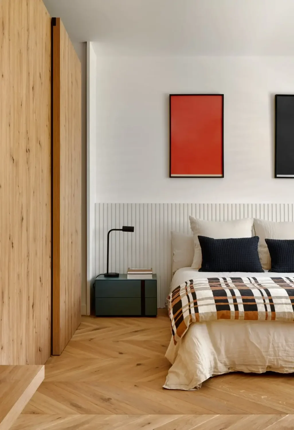 A Modern Barcelona Apartment with a Pink Bathroom 13 bedroom custom headboard chevron floor