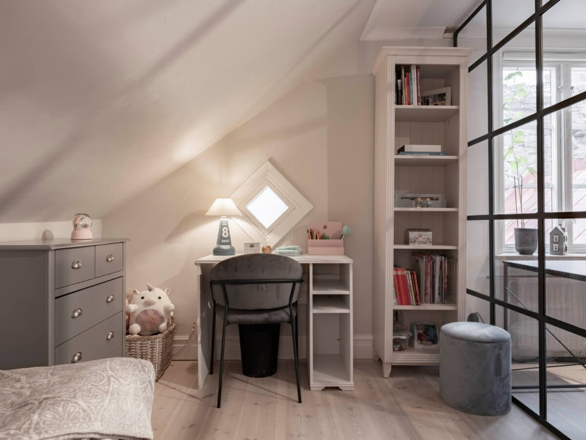 A Renovated 19th-Century Villa on Gotland 26 bedroom desk slanted ceiling