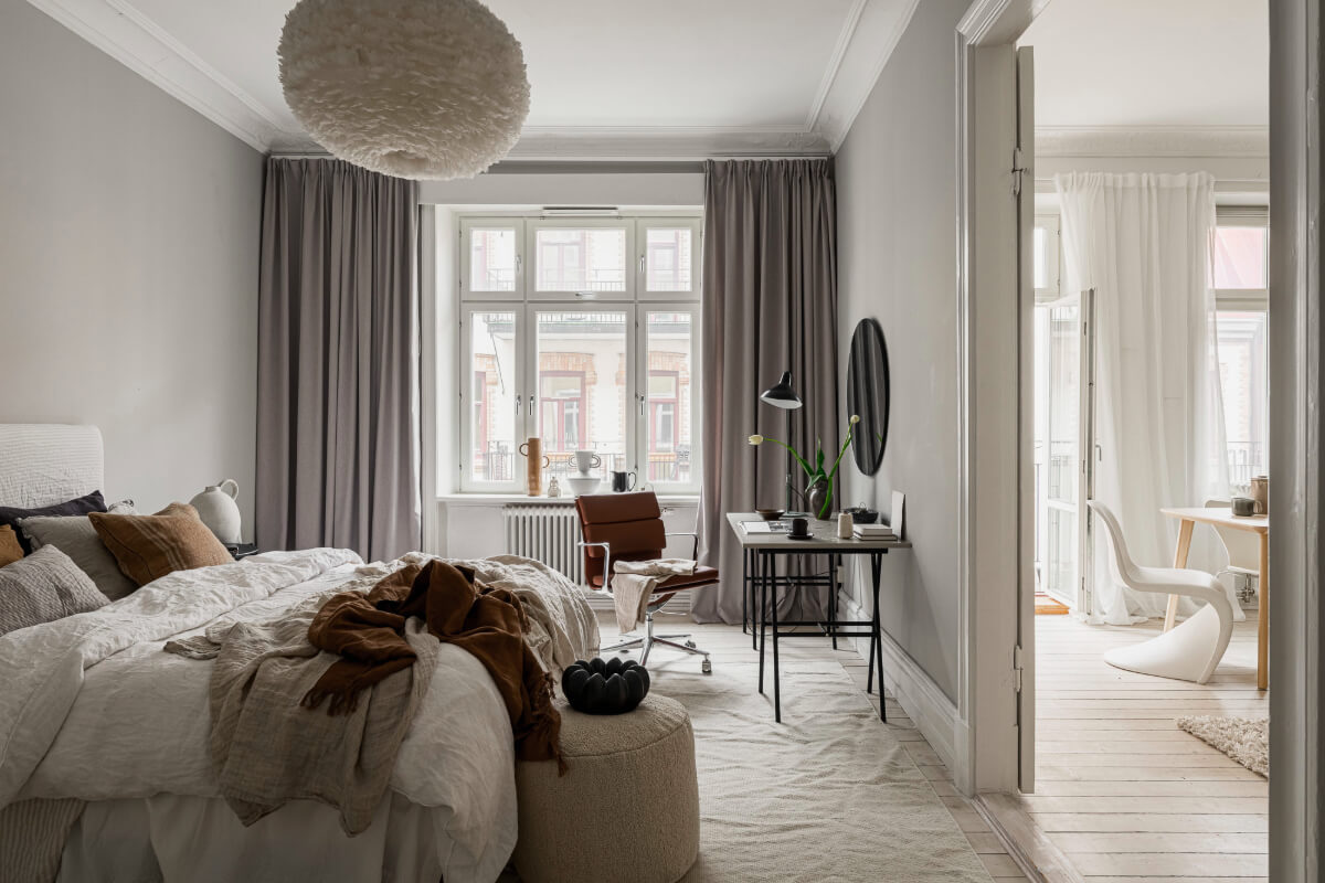 Period Features and Contemporary Solutions in Gothenburg 12 bedroom gray walls desk
