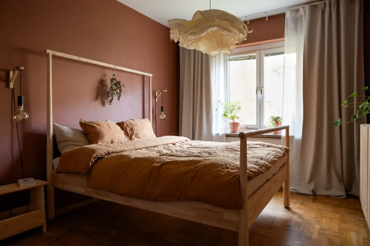 A Swedish Apartment with a Dutch Parquet Floor and Terracotta Bedroom 11 bedroom ikea bed earthy pink walls