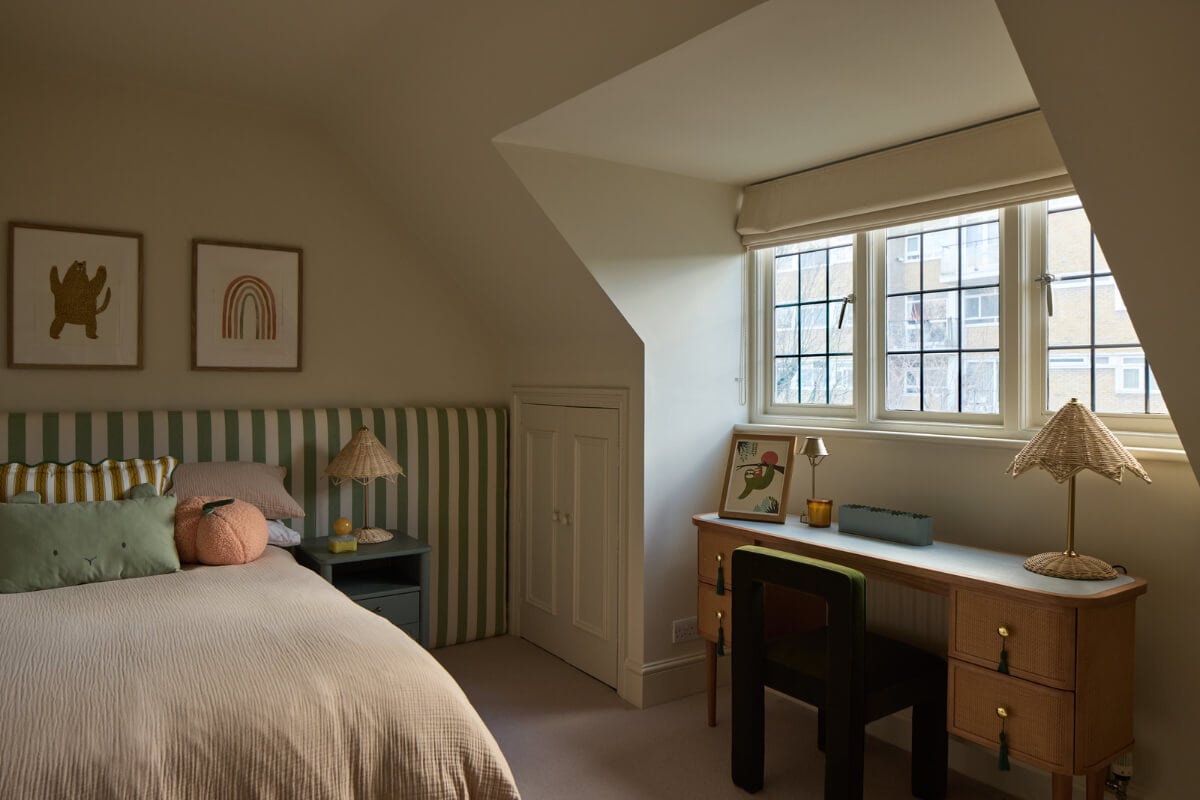 Best of 2025: Children's Rooms 29 bedroom striped green headboard desk under dormer window