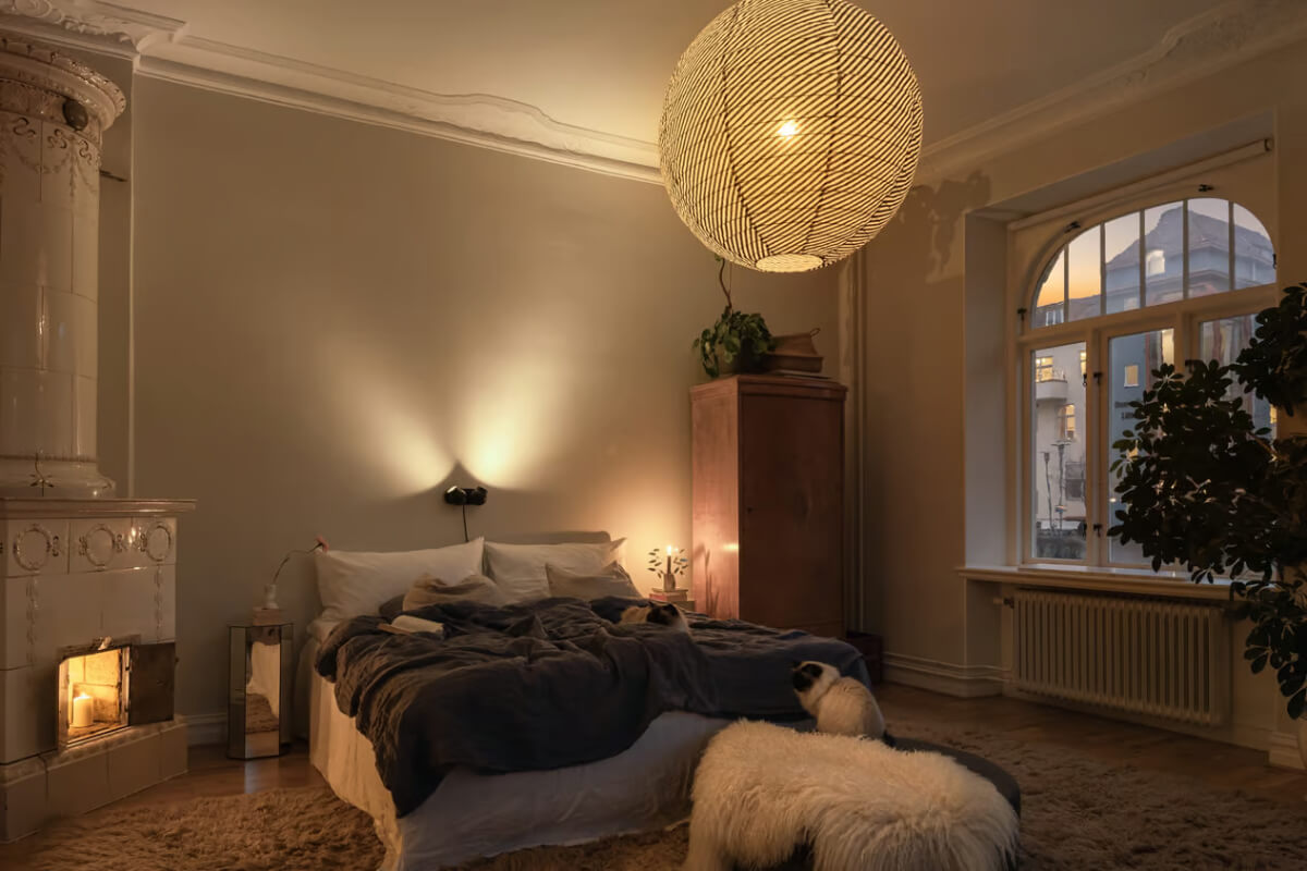 Large Rooms in an Art Nouveau Apartment in Sweden 20 bedroom with fireplace at night