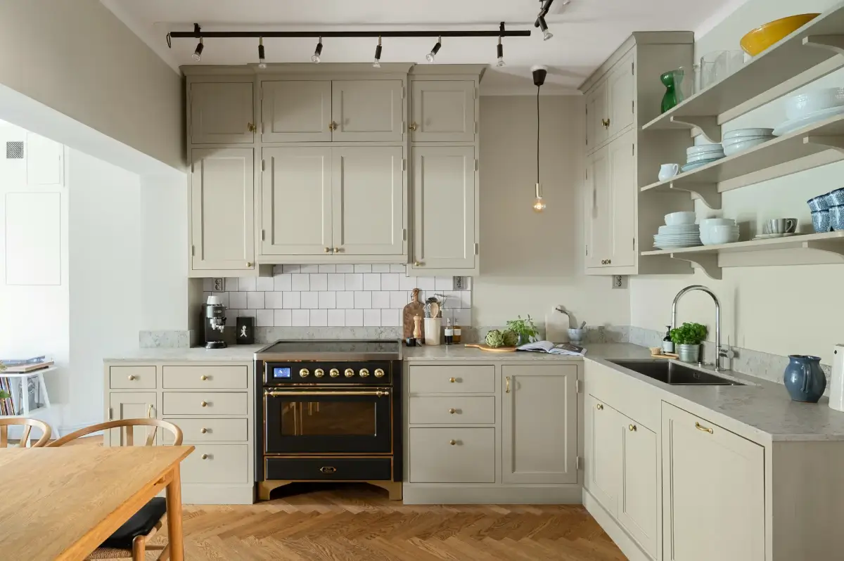 A Charming Ground Floor Family Apartment in Stockholm 2 beige kitchen open shelves