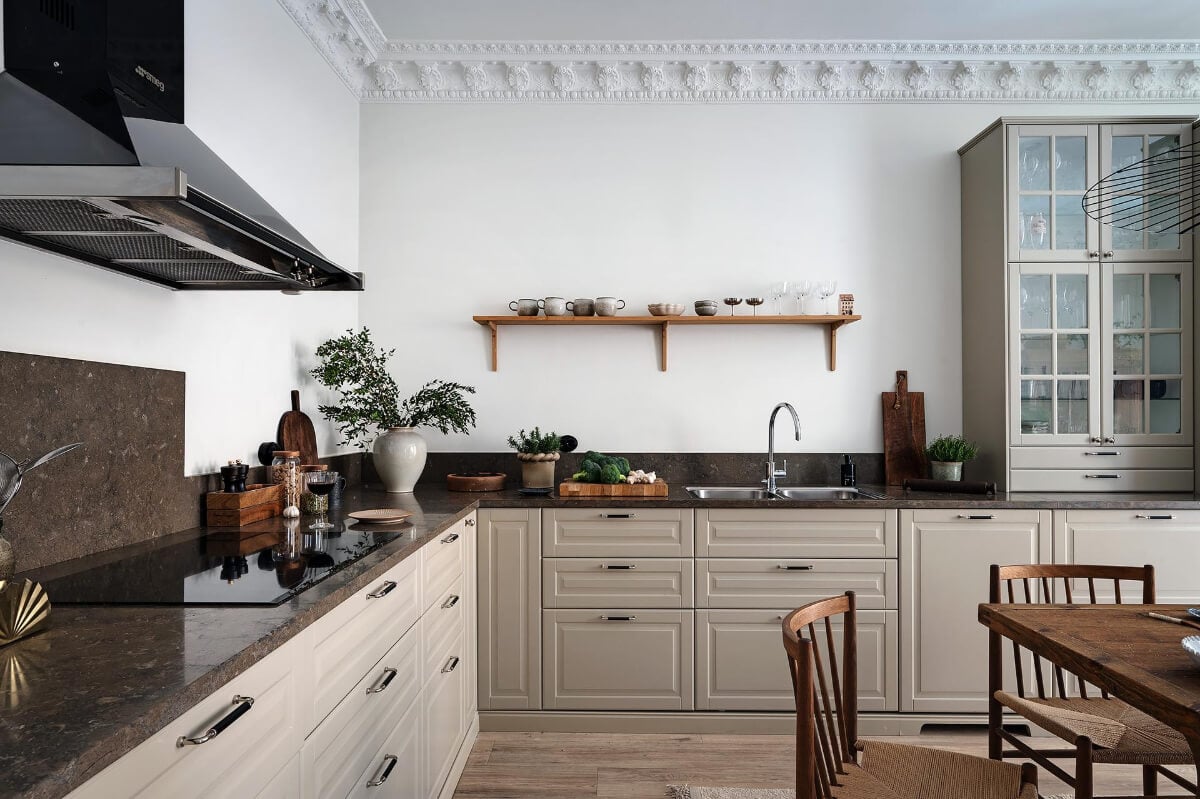 Warm and Inviting Rooms in a Renovated Swedish Apartment 13 beige kitchen wooden shelf
