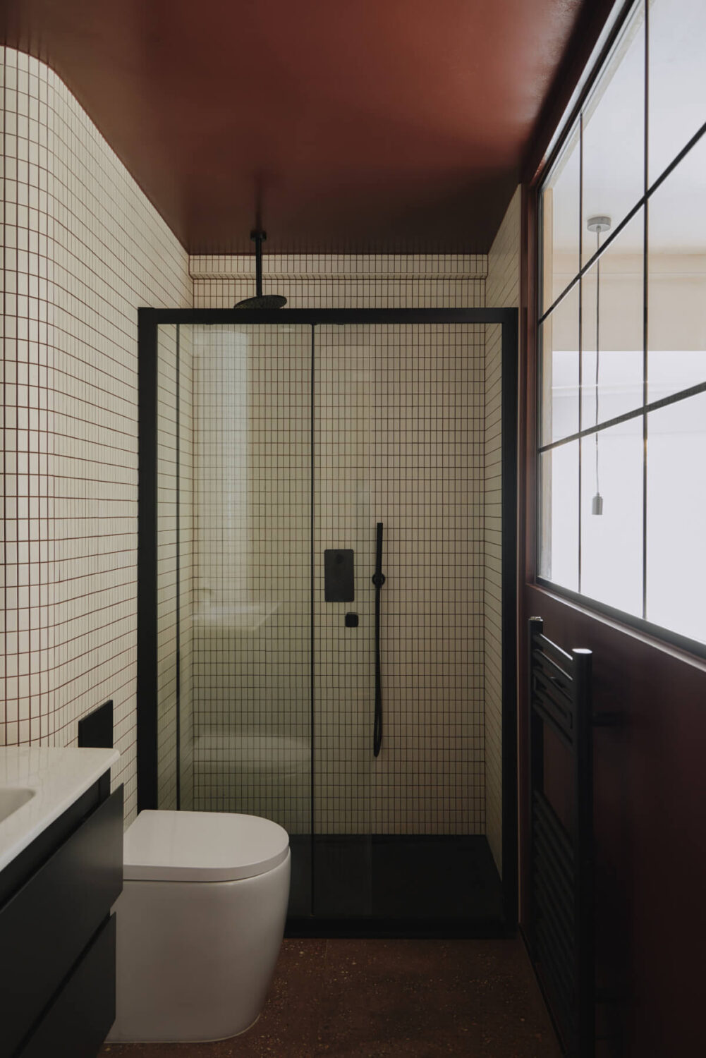 An Elegant Apartment with Plaster Walls and a Winter Garden 23 black and white bathroom terracotta colored ceiling