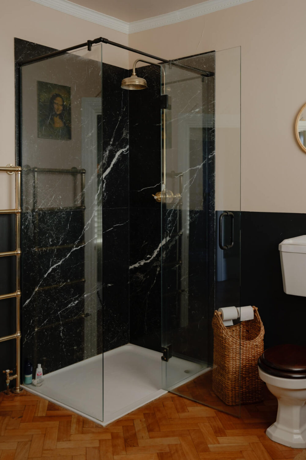 A London Edwardian House with a Light-Filled Kitchen Extension 27 black marble shower