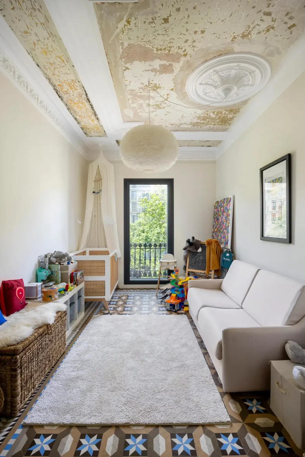 Historic Architecture and Modern Design in a Barcelona Apartment 10 childrens bedroom tile floor raw uncovered ceiling