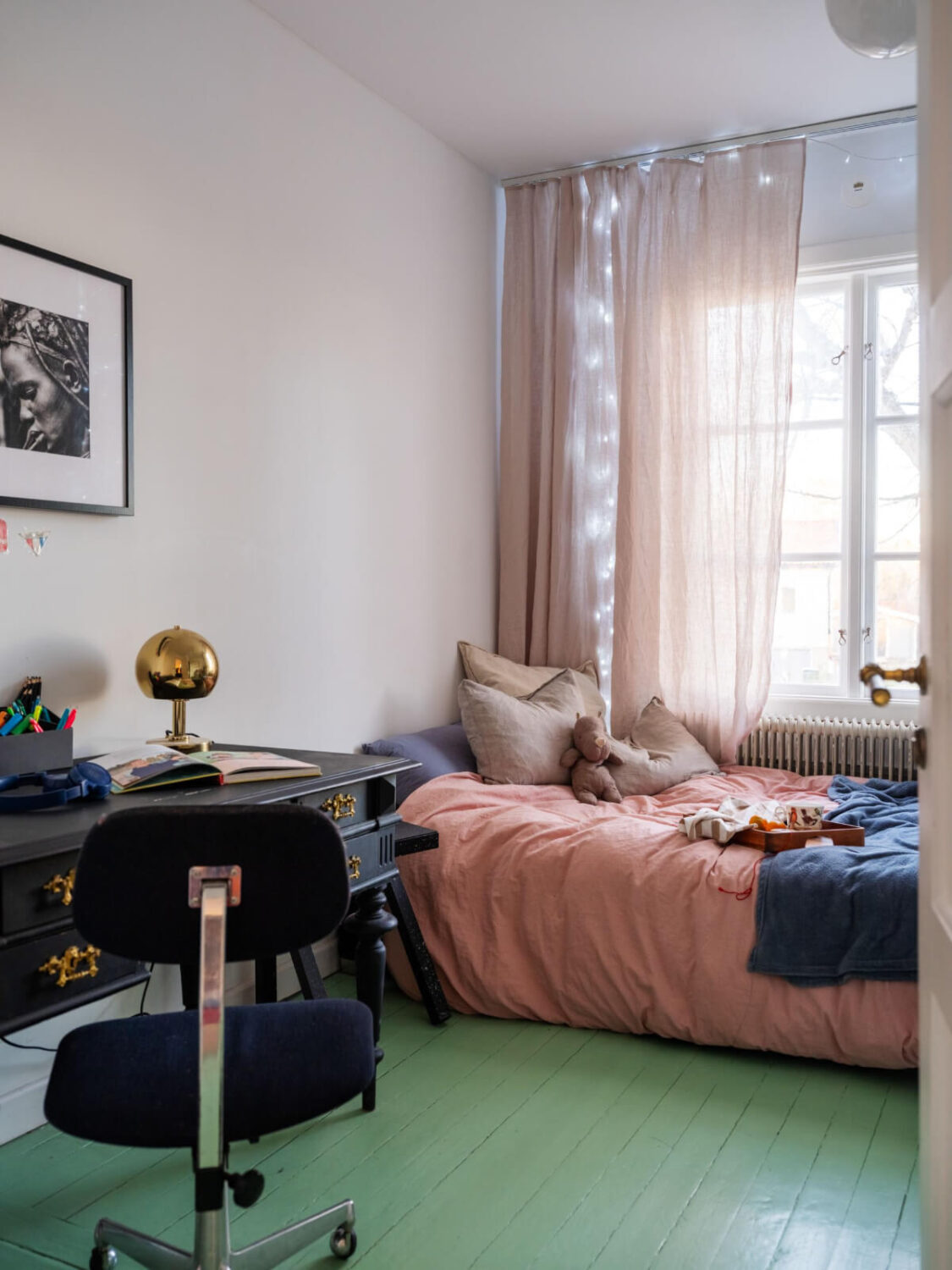 A Colored Sixth Wall May Be The Biggest Paint Trend in 2026 20 childrens room with green painted floorboards and antique desk